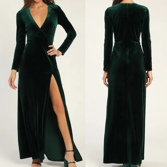 Lulus | Dresses | Sensational Memories Emerald Green Velvet Surplice Maxi  Dress | Poshmark
